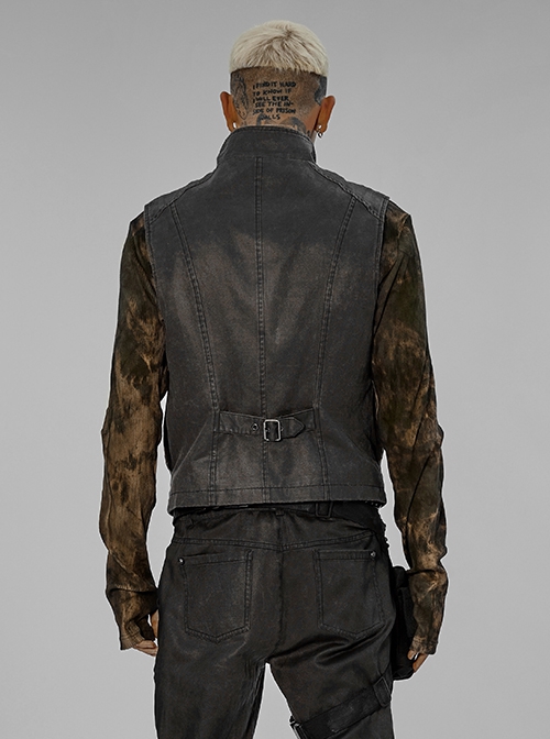 Punk Style Cool Stand Collar Unique Split Design Metal Skull Zipper Anti Apocalyptic Rebel Gray Male Vest