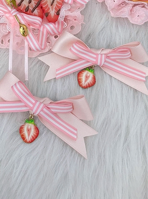 Cute Versatile Creamy Pink Small Strawberry Pendant Sweet Lolita Ribbon Striped Bowknot Hair Clip