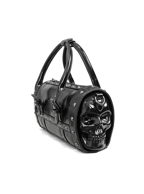 Punk Style Simple Metal Rivet Decoration With Skull Zipper Pattern Black Everyday Leather Bag