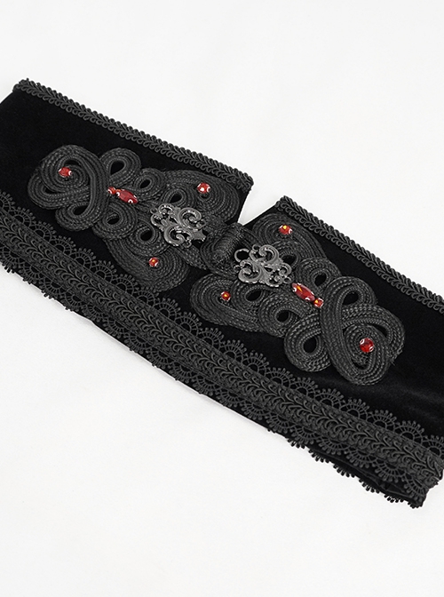 Gothic Style Exquisite Weft Velvet Front Center Button With Metal Pattern Piece Adjustable Black Suede Girdle