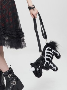 Gothic Style Personalized Plush Unicorn White Skull Pattern Black Fashion Shoulder Strap Handbag