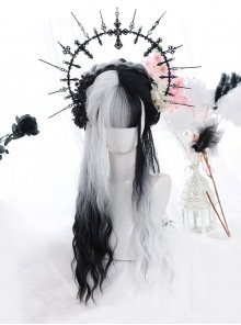 Pride Series Asymmetry Black White Water Ripple Noble Long Hair Gothic Flat Bangs Lolita Wig