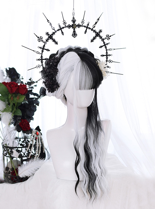 Pride Series Asymmetry Black White Water Ripple Noble Long Hair Gothic Flat Bangs Lolita Wig