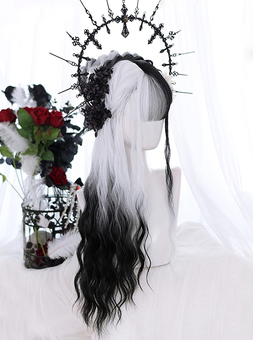 Pride Series Asymmetry Black White Water Ripple Noble Long Hair Gothic Flat Bangs Lolita Wig