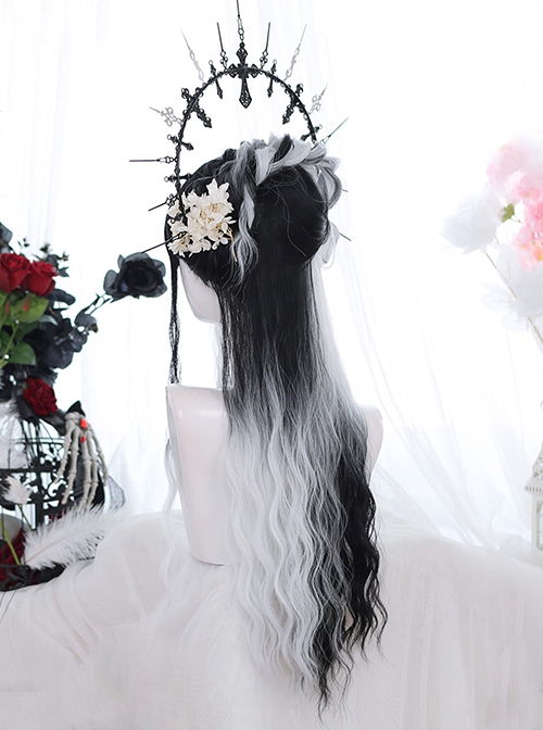 Pride Series Asymmetry Black White Water Ripple Noble Long Hair Gothic Flat Bangs Lolita Wig