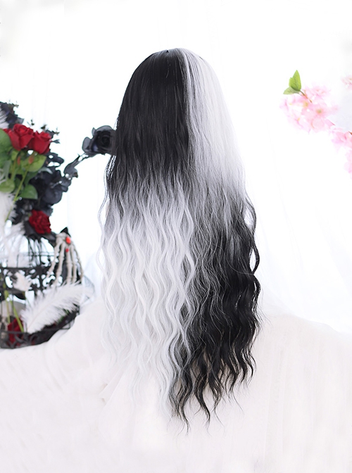 Pride Series Asymmetry Black White Water Ripple Noble Long Hair Gothic Flat Bangs Lolita Wig