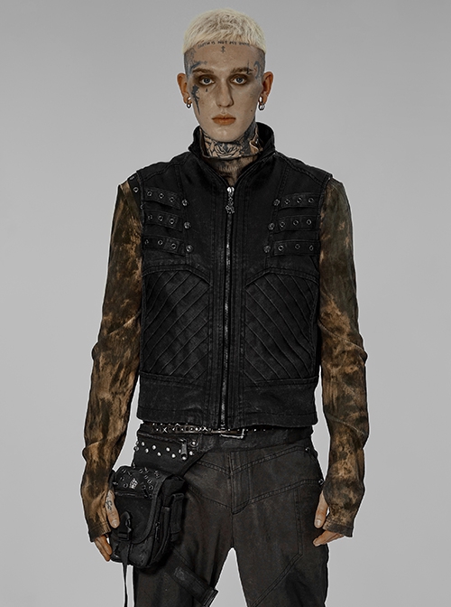 Punk Style Handsome Stand Collar Metal Skull Claw Zipper Unique Split Design Doomsday Sense Black Male Vest