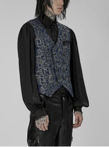 Gothic Style V Neck Palace Feeling Gorgeous Buttons Exquisite Embossed Jacquard Blue Gentleman Slim Vest