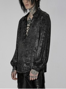 Punk Style V Neck Unique Acetic Acid Abstract Fabric Old Effect Metal Rivets Black Lantern Sleeves Loose Shirt
