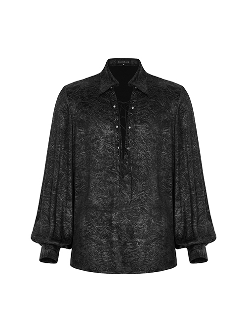 Punk Style V Neck Unique Acetic Acid Abstract Fabric Old Effect Metal Rivets Black Lantern Sleeves Loose Shirt