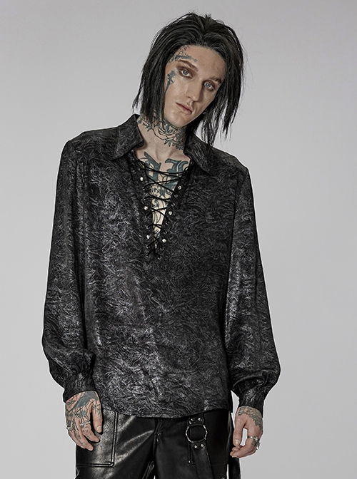 Punk Style V Neck Unique Acetic Acid Abstract Fabric Old Effect Metal Rivets Black Lantern Sleeves Loose Shirt