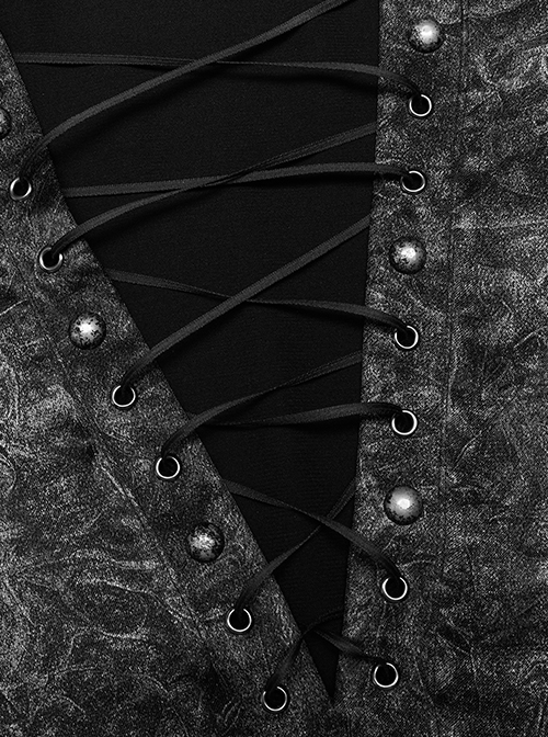 Punk Style V Neck Unique Acetic Acid Abstract Fabric Old Effect Metal Rivets Black Lantern Sleeves Loose Shirt