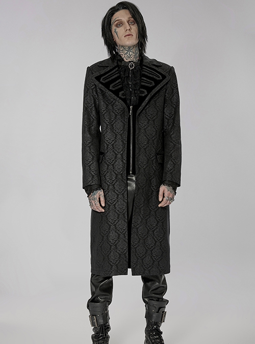 Gothic Style Elegant Lapel Fake Two Piece Design Retro Woven Pattern Simple Black Mid Length Male Coat