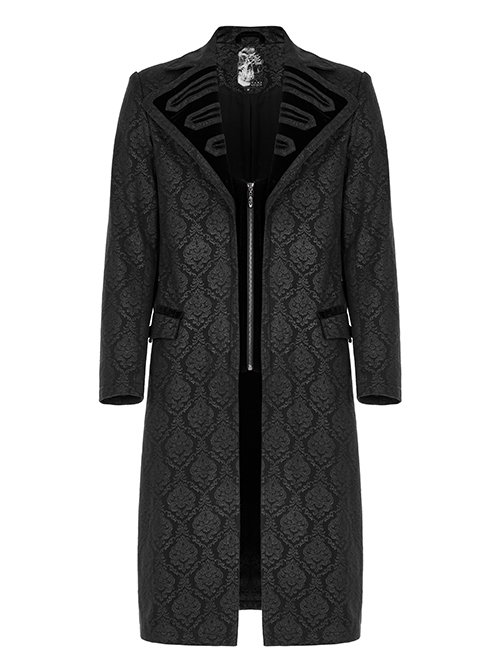 Gothic Style Elegant Lapel Fake Two Piece Design Retro Woven Pattern Simple Black Mid Length Male Coat