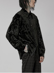 Gothic Style Luxury Velvet Vintage Embossed Elegant Loose Fit Unique X Shape Button Black Long Sleeves Shirt