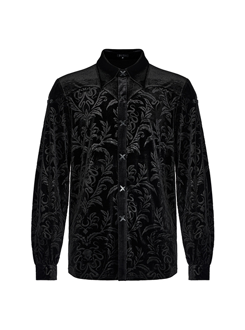 Gothic Style Luxury Velvet Vintage Embossed Elegant Loose Fit Unique X Shape Button Black Long Sleeves Shirt