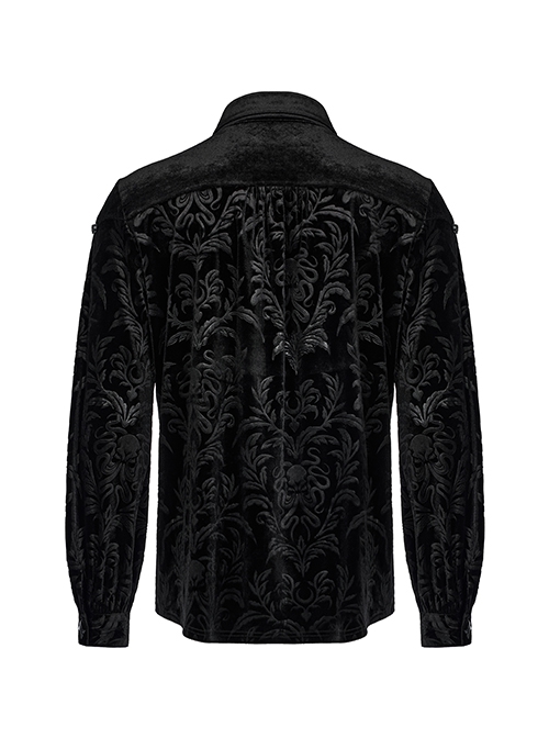 Gothic Style Luxury Velvet Vintage Embossed Elegant Loose Fit Unique X Shape Button Black Long Sleeves Shirt