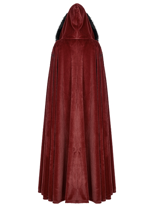 Gothic Style Luxury Faux Rabbit Fur Fabric Exquisite Lace Trim Plush Decoration Noble Red Hooded Long Cloak
