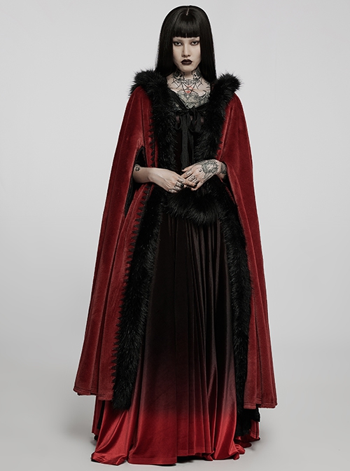 Gothic Style Luxury Faux Rabbit Fur Fabric Exquisite Lace Trim Plush Decoration Noble Red Hooded Long Cloak