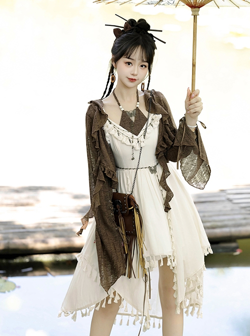 Fantasy Quicksand Series Brown Wandering Style Zen Chinese Style Oriental Kawaii Lolita Sleeveless Dress Coat Set