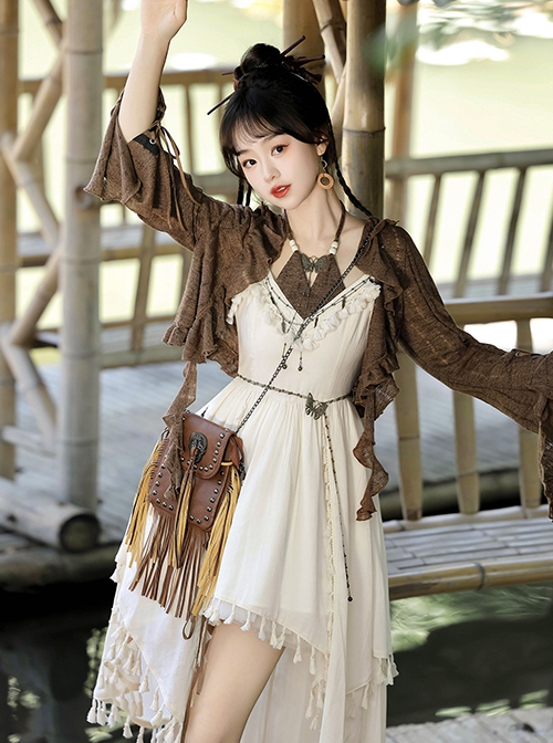 Fantasy Quicksand Series Brown Wandering Style Zen Chinese Style Oriental Kawaii Lolita Sleeveless Dress Coat Set