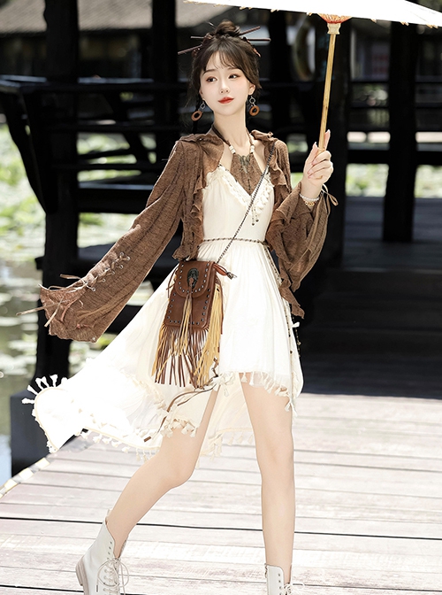 Fantasy Quicksand Series Brown Wandering Style Zen Chinese Style Oriental Kawaii Lolita Sleeveless Dress Coat Set