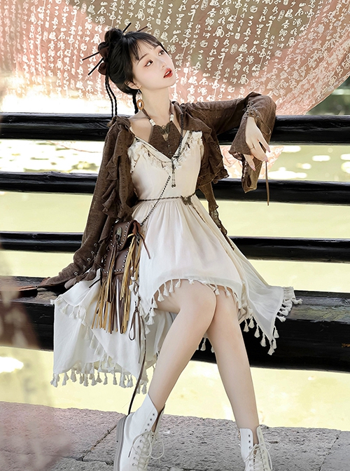 Fantasy Quicksand Series Brown Wandering Style Zen Chinese Style Oriental Kawaii Lolita Sleeveless Dress Coat Set