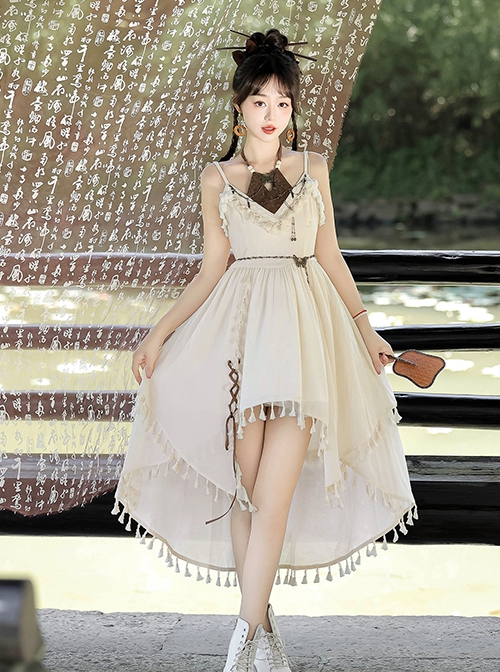 Fantasy Quicksand Series Brown Wandering Style Zen Chinese Style Oriental Kawaii Lolita Sleeveless Dress Coat Set