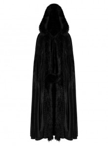 Gothic Style Soft Faux Rabbit Fur Fabric Winter Warm Exquisite Lace Trim Plush Black Hooded Long Cloak