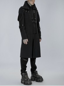 Punk Style Asymmetric High Collar Handsome Metal Rivet Sleeve Side Ring Decoration Black Long Sleeves Coat