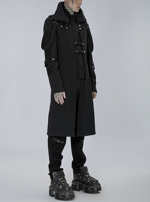 Punk Style Asymmetric High Collar Handsome Metal Rivet Sleeve Side Ring Decoration Black Long Sleeves Coat