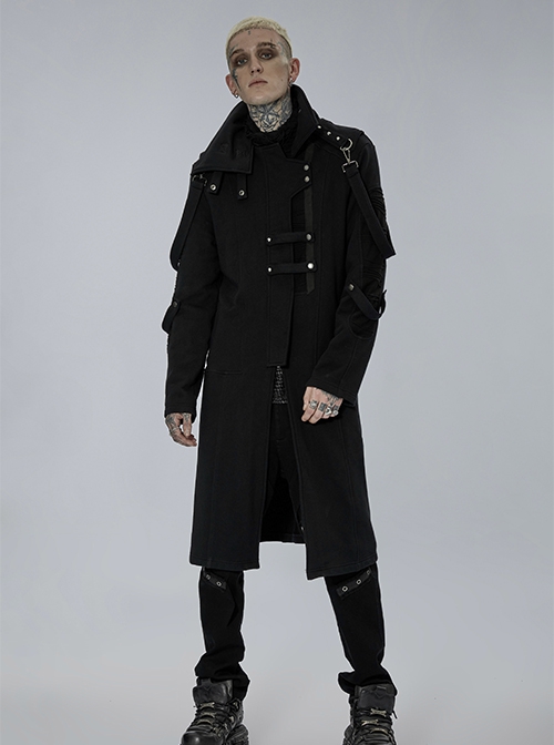 Punk Style Asymmetric High Collar Handsome Metal Rivet Sleeve Side Ring Decoration Black Long Sleeves Coat