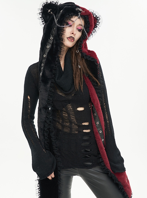 Punk Style Personalized Warm Velvet Metal Skull Black And Red Hooded Scarf