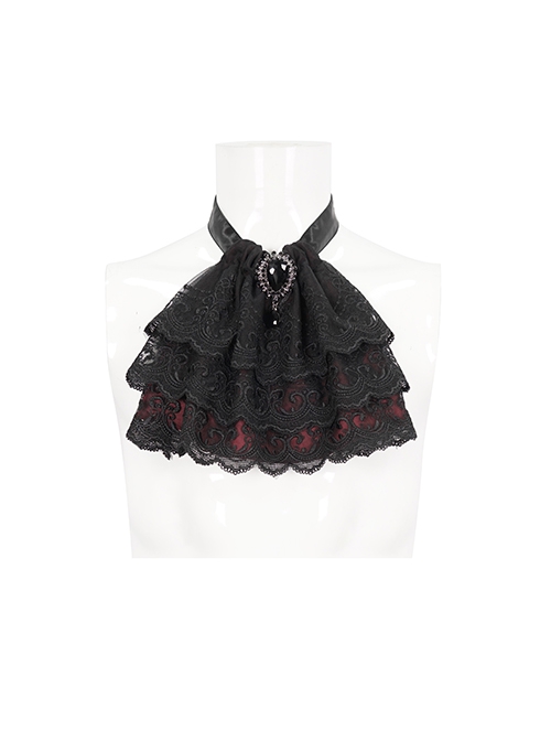 Gothic Elegant Cascading Lace Front Glass Diamond Embellished Black And Red Adjustable Collar
