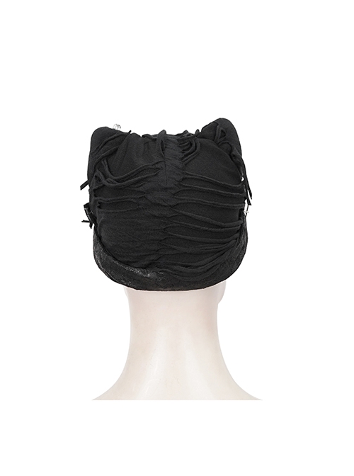 Punk Style Personality Stiff Knit With Metal Chain Black Breathable Cat Ear Hat