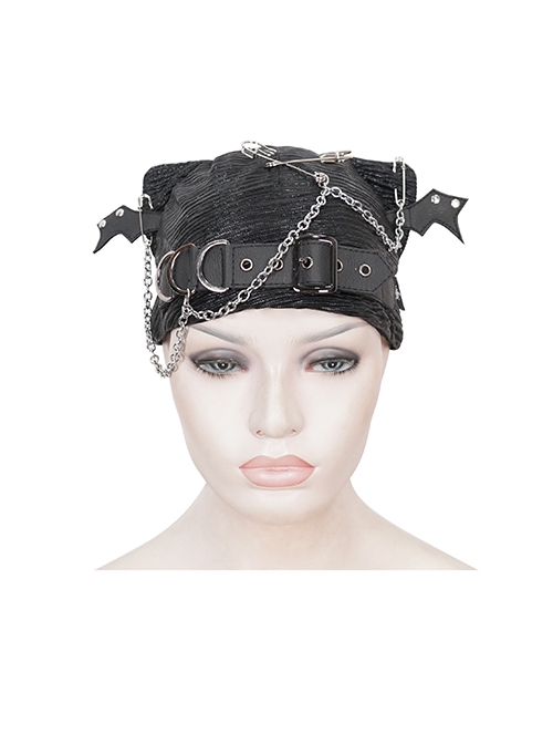 Punk Style Personality Stiff Pleated Knit With Metal Chain Black Breathable Bat Wing Hat
