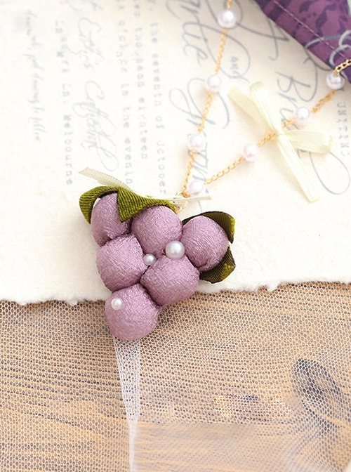 Plush Cloth Art Simulation Grape Ribbon Bowknot Pearl Chain Pastoral Style Classic Lolita Necklace