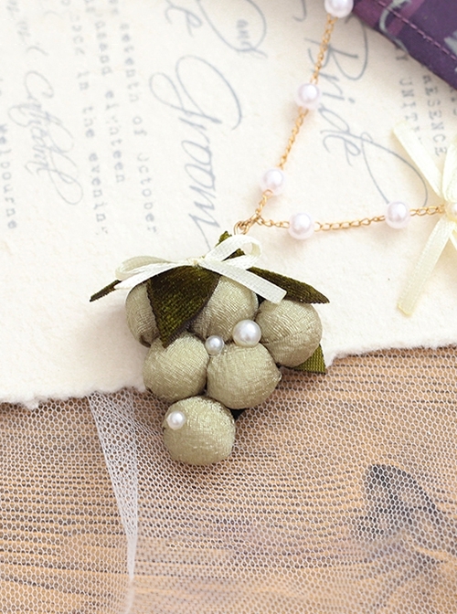 Plush Cloth Art Simulation Grape Ribbon Bowknot Pearl Chain Pastoral Style Classic Lolita Necklace