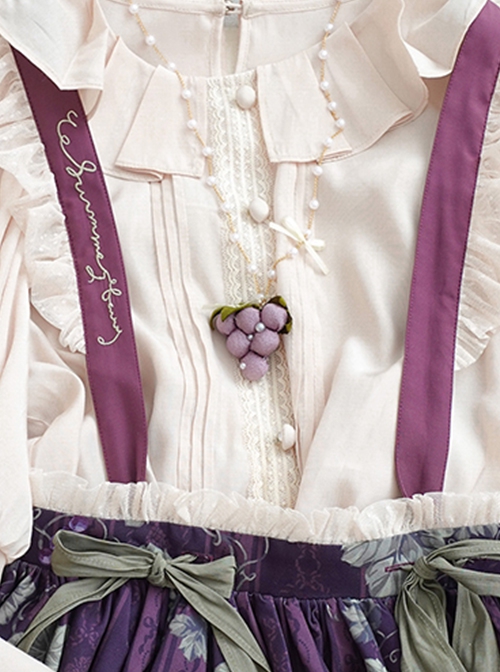 Plush Cloth Art Simulation Grape Ribbon Bowknot Pearl Chain Pastoral Style Classic Lolita Necklace