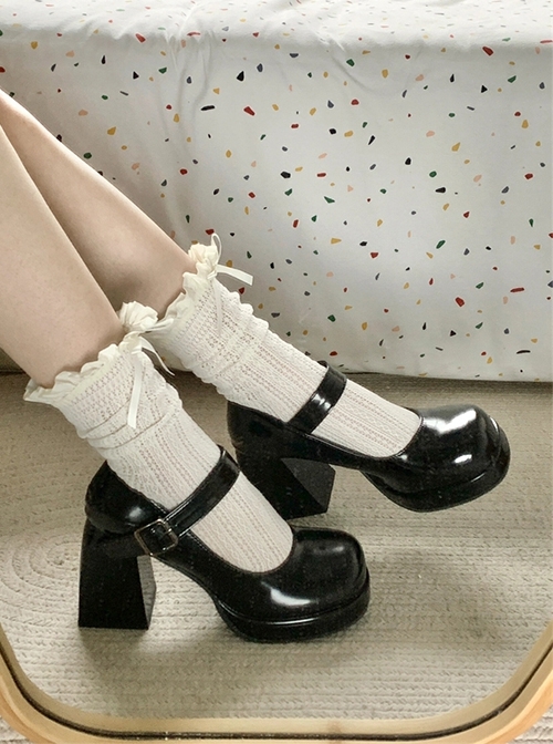 French Style Elegant Black Classic Lolita Square Toe Thick Bottom Chunky High Heels Mary Jane Shoes