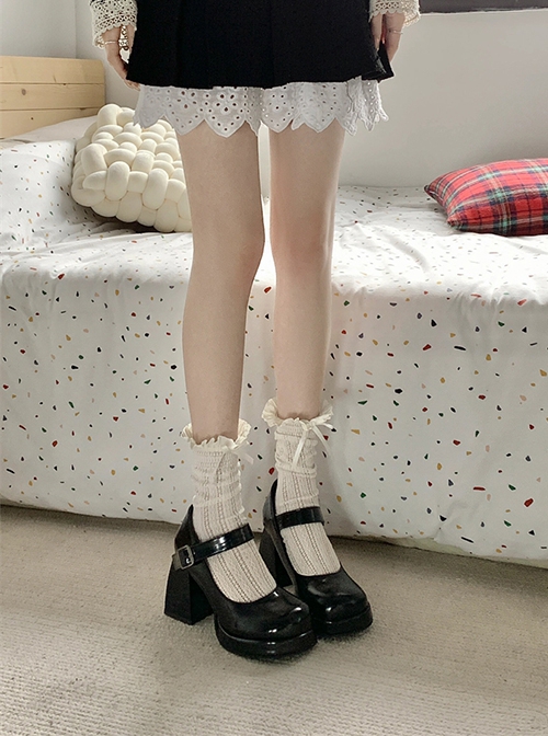 French Style Elegant Black Classic Lolita Square Toe Thick Bottom Chunky High Heels Mary Jane Shoes