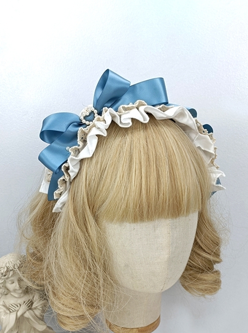 Japanese Style Bowknot Pleated Ruffles Heart Pearl Button Exquisite Sweet Lolita Satin Hairband