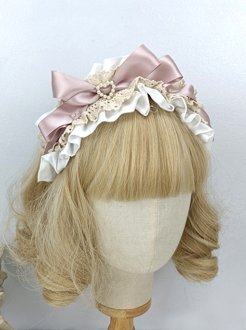 Japanese Style Bowknot Pleated Ruffles Heart Pearl Button Exquisite Sweet Lolita Satin Hairband