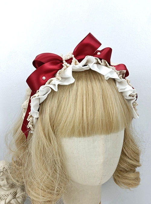 Japanese Style Bowknot Pleated Ruffles Heart Pearl Button Exquisite Sweet Lolita Satin Hairband