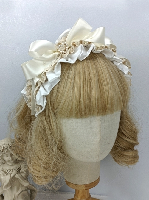 Japanese Style Bowknot Pleated Ruffles Heart Pearl Button Exquisite Sweet Lolita Satin Hairband