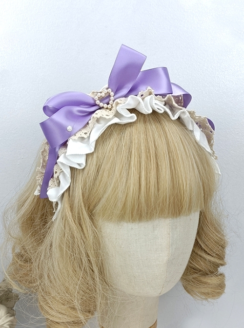 Japanese Style Bowknot Pleated Ruffles Heart Pearl Button Exquisite Sweet Lolita Satin Hairband