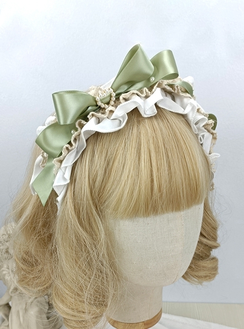 Japanese Style Bowknot Pleated Ruffles Heart Pearl Button Exquisite Sweet Lolita Satin Hairband