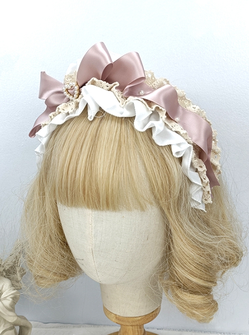 Japanese Style Bowknot Pleated Ruffles Heart Pearl Button Exquisite Sweet Lolita Satin Hairband