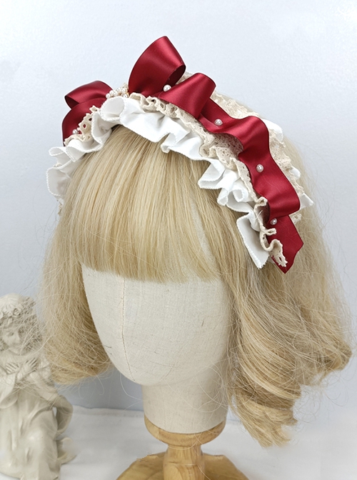 Japanese Style Bowknot Pleated Ruffles Heart Pearl Button Exquisite Sweet Lolita Satin Hairband