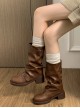 Vintage French Chunky Heel Brown Round Toe British Style Cool Steampunk Cowboy Stacked Pleated Boots